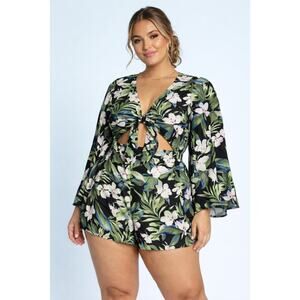 Show Me Your Mumu Charleston Romper Black Tropical Tie Front Bell Sleeve NWT XL
